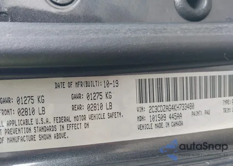 2019 Dodge Challenger Sxt из США, поврежденный, VIN 2C3CDZAG4KH733480